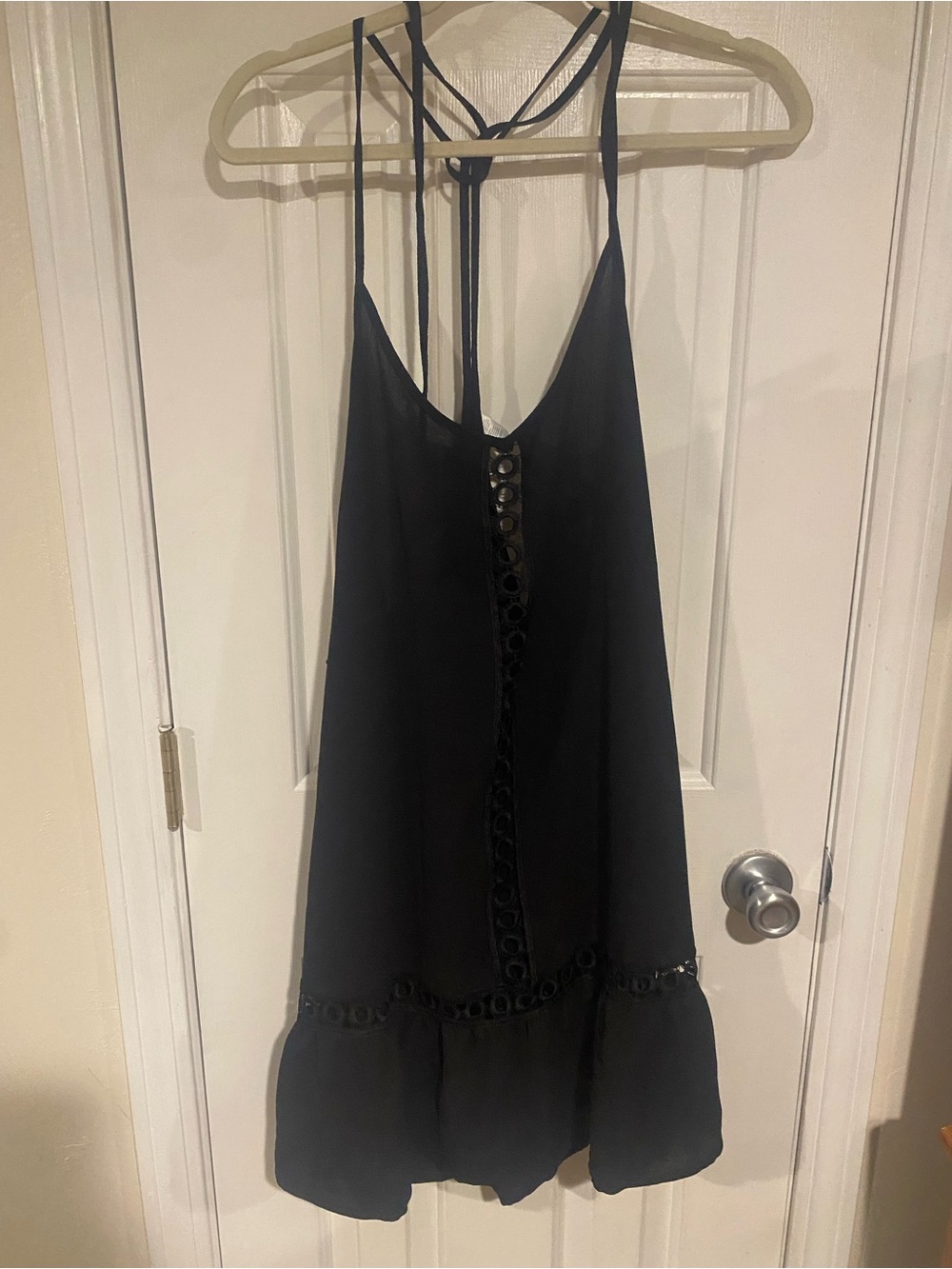 Black Strappy Swim Coverup Dress with Eyelet Trim